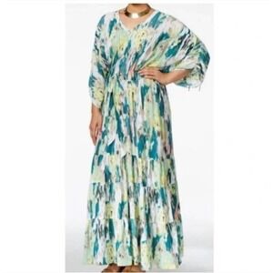 Melissa McCarthy x Seven7 Tiered Maxi Dress Green Paint Brush Abstract Small